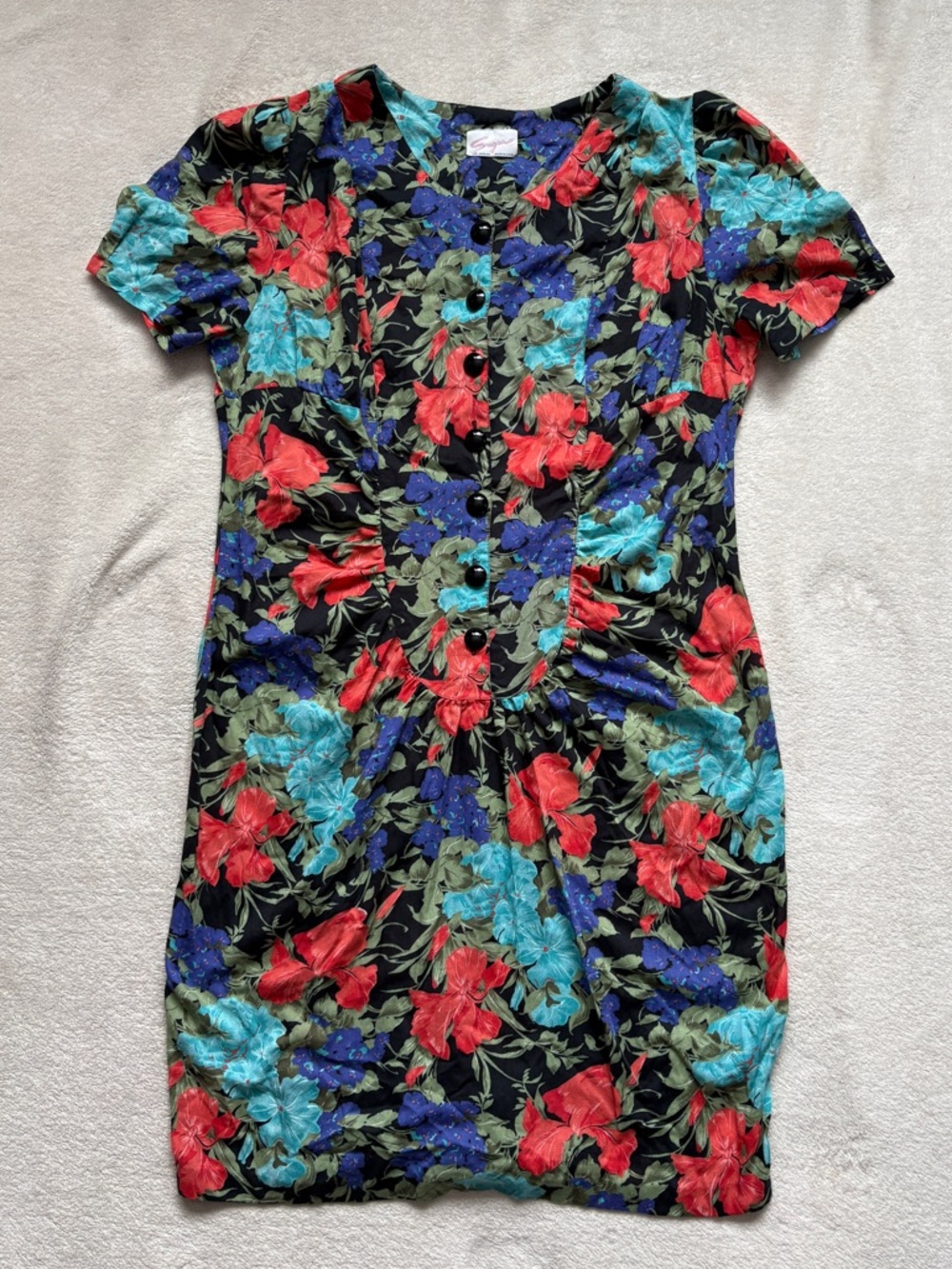 Sugar Floral Button-Front Dress in Black with Red, Teal and Blue Florals